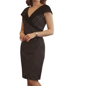 Joseph Ribkoff Vintage Sheath Dress Women's Size 6 Black Polka Dot Surplice